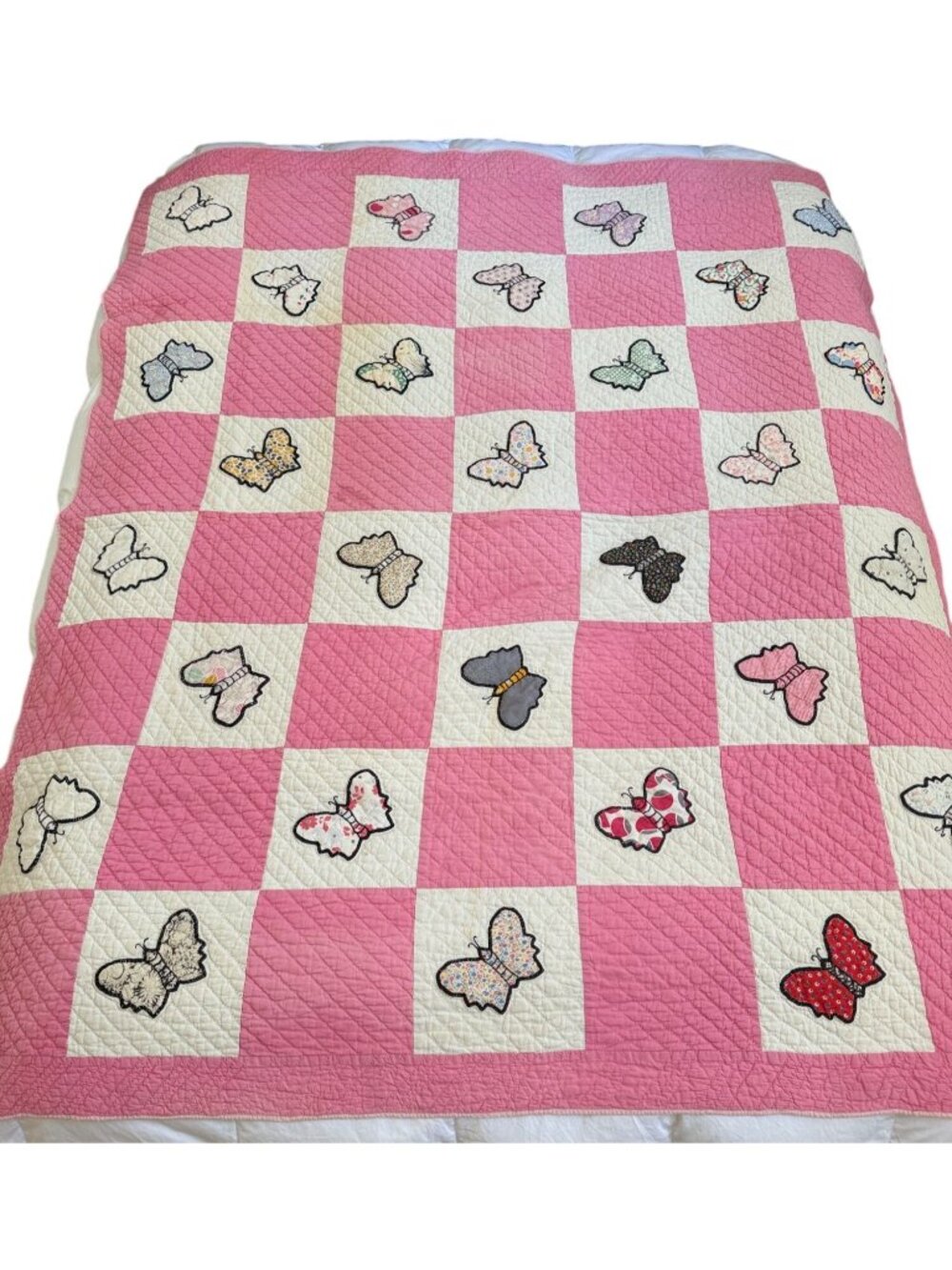 Handmade PinkWhite Butterfly Stitched Applique Antique Vintage Quilt Sz 63x70 - Picture 2 of 11